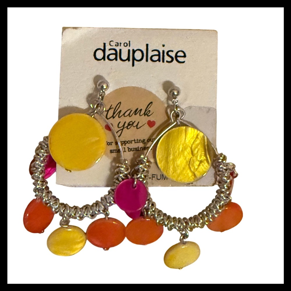 NWOT Carol Dauplaise Hoop Earrings Bright Yellow‎ Orange Pink Beads Dangles